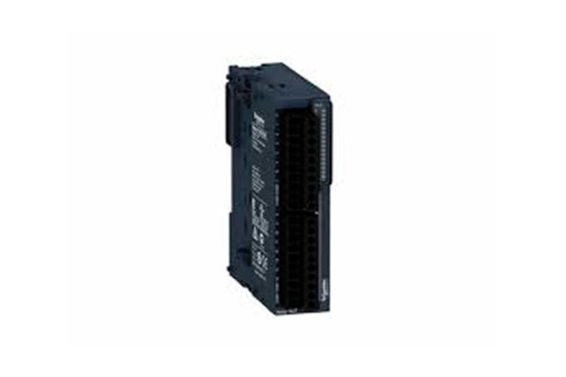 Módulo de ampliación TM3 8 salidas de tipo relé 120V Schneider Electric, vista lateral del dispositivo electrónico azul