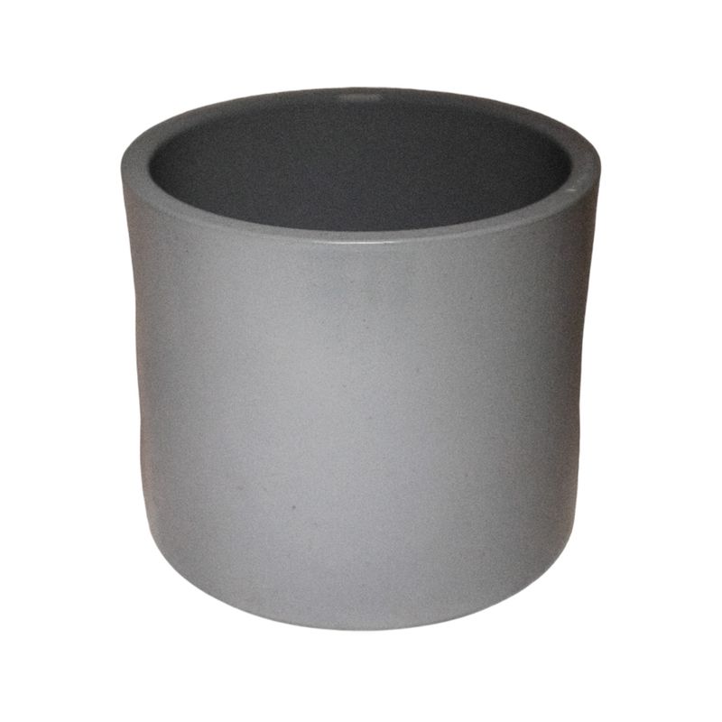 Unión conduit PVC cédula 40 UL de 3 pulgadas Durman, vista frontal del accesorio cilíndrico de color gris