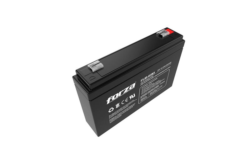 Batería sellada 6 V / 9 Ah Forza, vista lateral en ángulo que muestra la etiqueta técnica y los terminales superiores