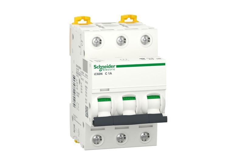 Automático 3 polos 240-480 VAC Schneider de 1 amp, vista frontal del interruptor blanco con palancas verdes y grises