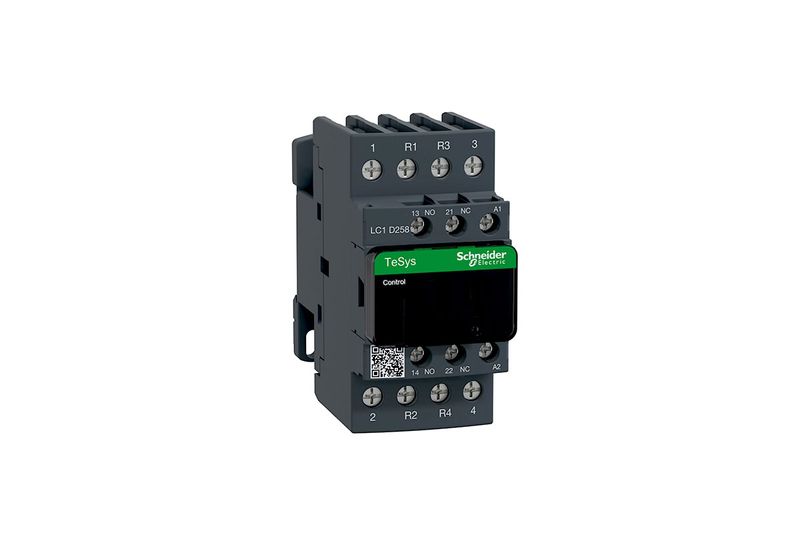 Contactor 4P 2NA+2NC 40A 120V Schneider Electric, vista frontal del dispositivo con bornes de conexión y etiqueta TeSys