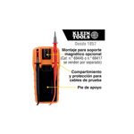 Multímetro digital autorango Klein Tools CAT III, vista posterior con diagrama de soporte magnético y cables de prueba