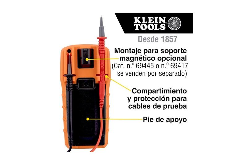 Multímetro digital autorango Klein Tools CAT III, vista posterior con diagrama de soporte magnético y cables de prueba