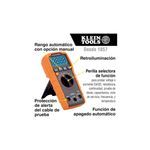 Multímetro digital autorango Klein Tools CAT III, infografía con etiquetas que señalan las funciones y características