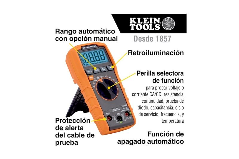 Multímetro digital autorango Klein Tools CAT III, infografía con etiquetas que señalan las funciones y características