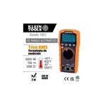 Multímetro digital autorango Klein Tools CAT III, equipo naranja con pantalla digital junto a tabla de especificaciones