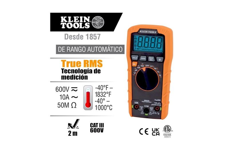 Multímetro digital autorango Klein Tools CAT III, equipo naranja con pantalla digital junto a tabla de especificaciones