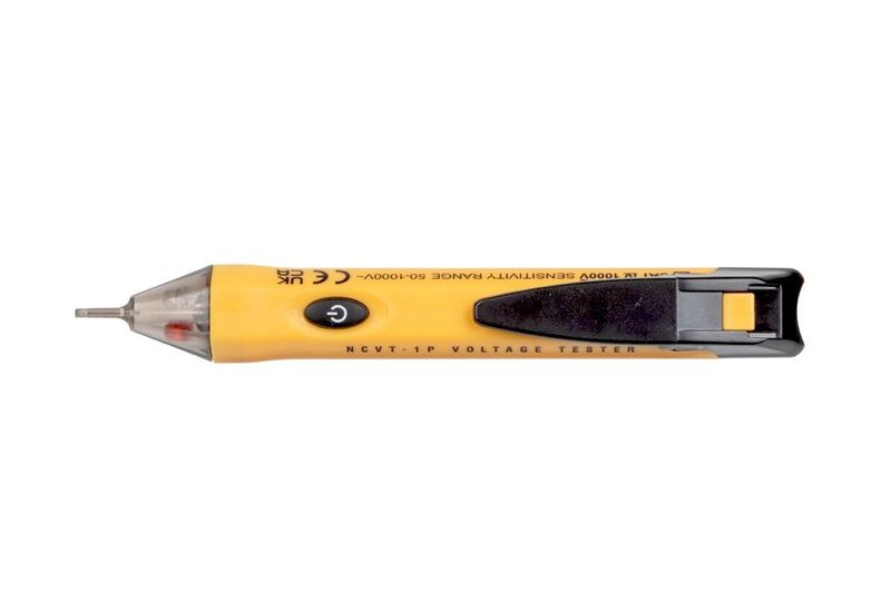 Detector de tensión sin contacto 1000 V tipo lápiz Klein Tools, vista lateral del cuerpo amarillo y negro con botón de