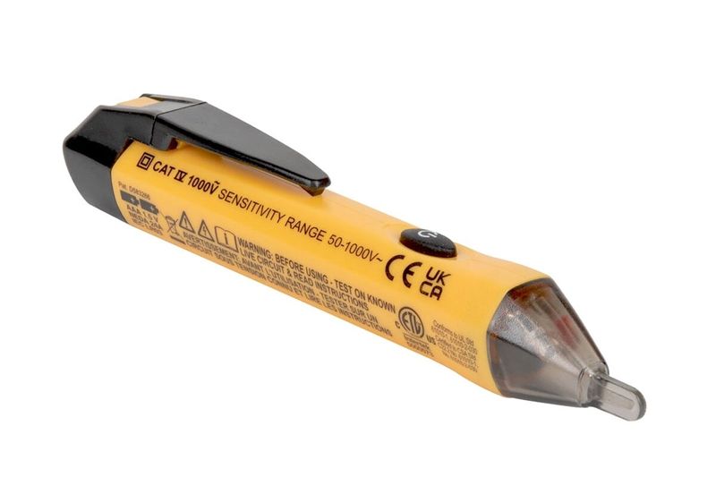 Detector de tensión sin contacto 1000V tipo lápiz Klein Tools, primer plano del cuerpo amarillo con especificaciones técnicas