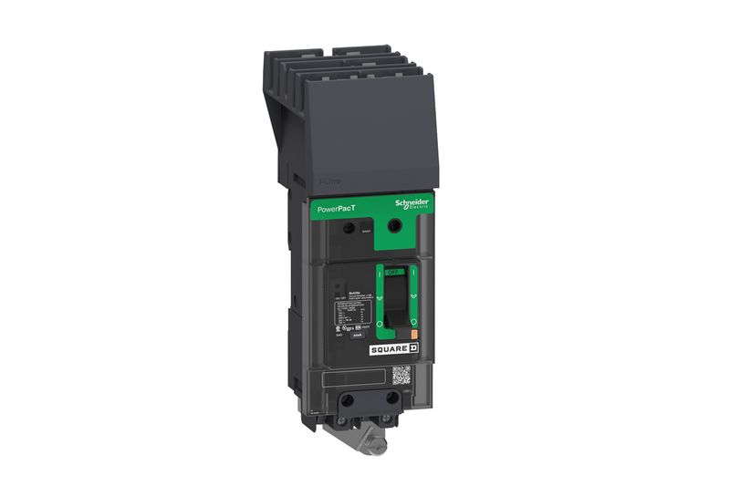 Interruptor marco B 2x60A 14kA Square D fase AC, vista frontal del breaker negro con palanca de accionamiento verde