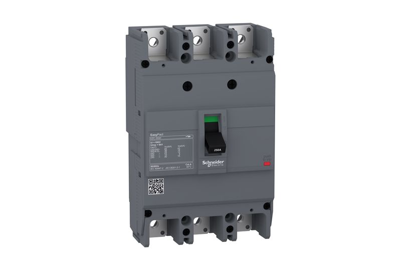 Main breaker EZC 3 polos 125A 480V sin bornes Schneider Electric, vista frontal del interruptor gris con palanca negra