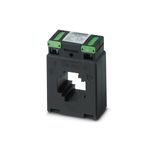 Transformador de corriente 400/5 Phoenix Contact, vista frontal del dispositivo negro con terminales verdes
