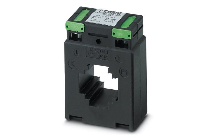 Transformador de corriente 400/5 Phoenix Contact, vista frontal del dispositivo negro con terminales verdes