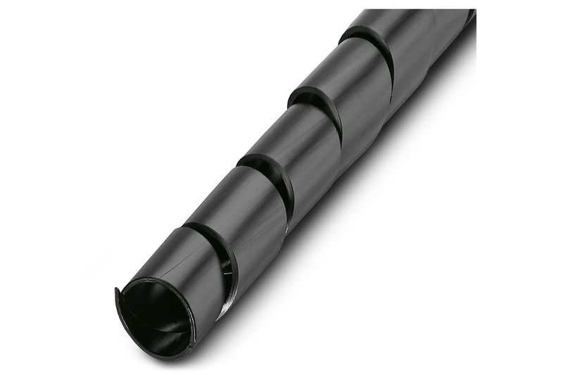 Tubo flexible en espiral negro de 20 m Phoenix Contact, primer plano del extremo del tubo y su estructura anillada