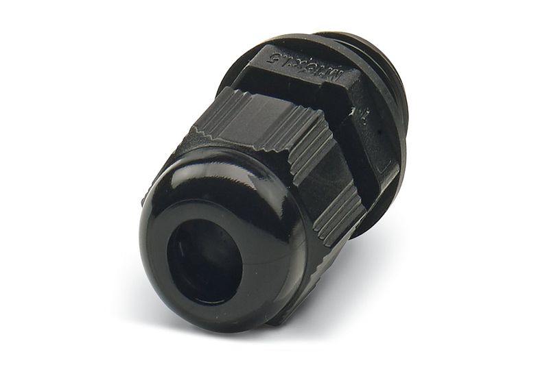 Prensa estopa negro 19 mm Phoenix Contact, vista frontal diagonal con rosca y cuerpo estriado