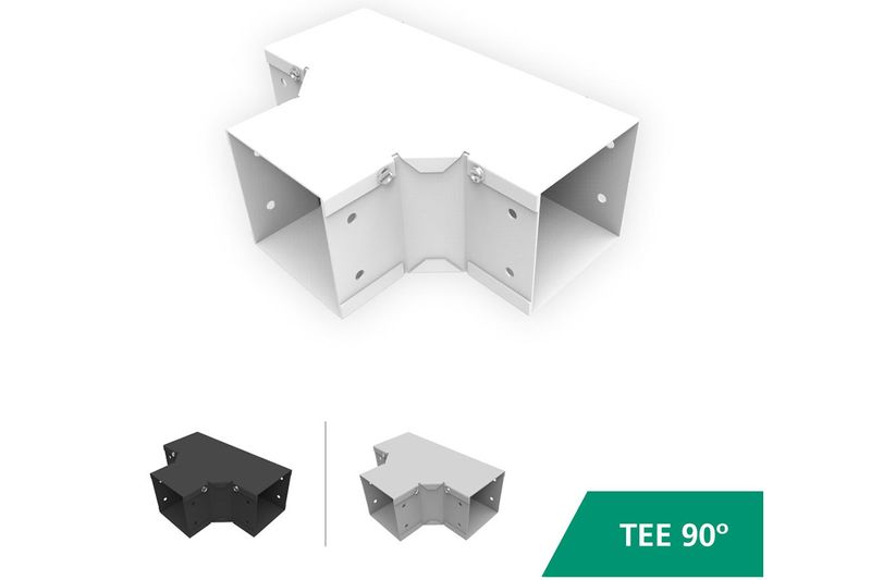 Tee horizontal para ducto metálico 8x8x90 Sylvania, pieza blanca en vista tridimensional con opciones de color blanco y negro