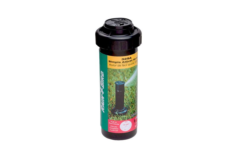 Aspersor para jardín pop up rotor sprinkler 4 pulgadas 32 pies ajustable Rain Bird, empaque cilíndrico con etiqueta