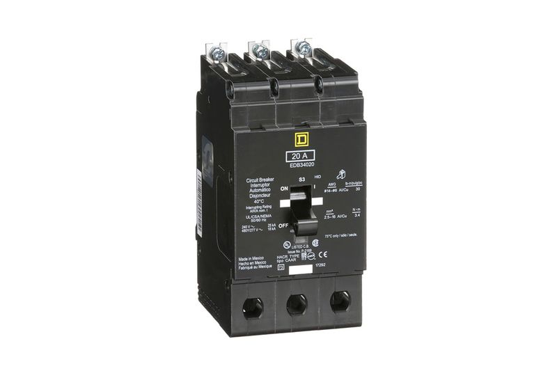 Breaker atornillable 3P 277-480V Schneider Electric de 20 amp, vista frontal del dispositivo eléctrico negro
