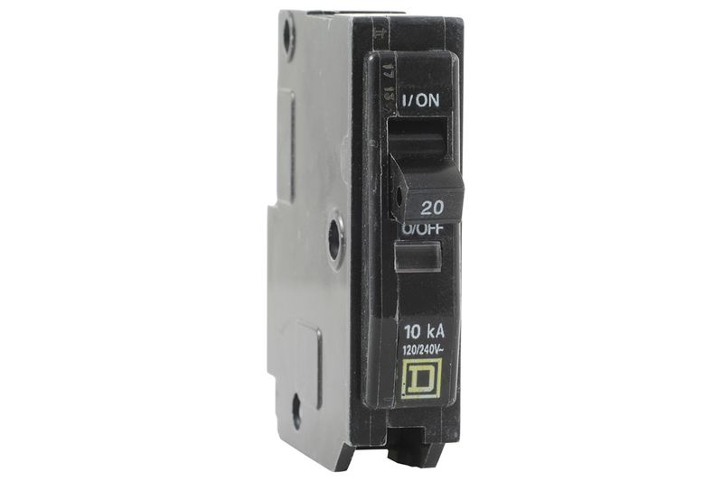 Breaker enchufable 1P 120-240V Square D de 20 amp Schneider Electric, vista frontal del interruptor negro con palanca