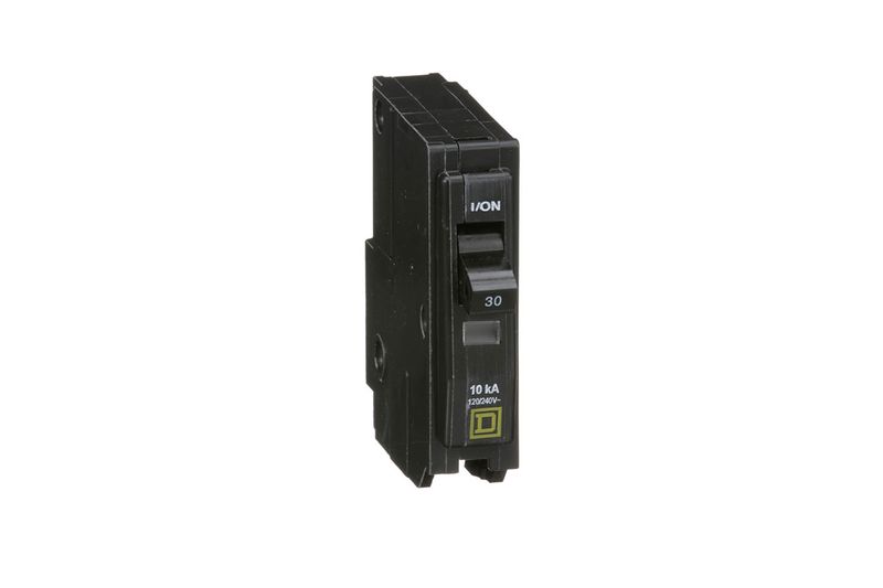 Breaker enchufable 1 polo 120-240 V Square D de 30 amp Schneider Electric, vista frontal del interruptor negro