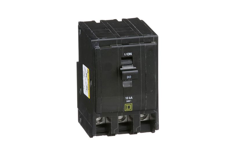 Breaker enchufable 3P 120-240V Square D de 90 amp, vista frontal del dispositivo negro con interruptor y etiquetas