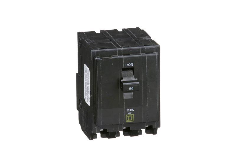 Breaker enchufable 3P 120-240 V Square D de 50 amp Schneider Electric, vista frontal del dispositivo eléctrico negro