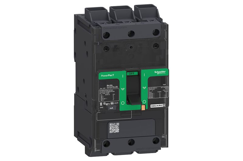 Main breaker 3x40 amp 18 kA 480 V Schneider Electric, vista frontal del interruptor con palanca de accionamiento verde
