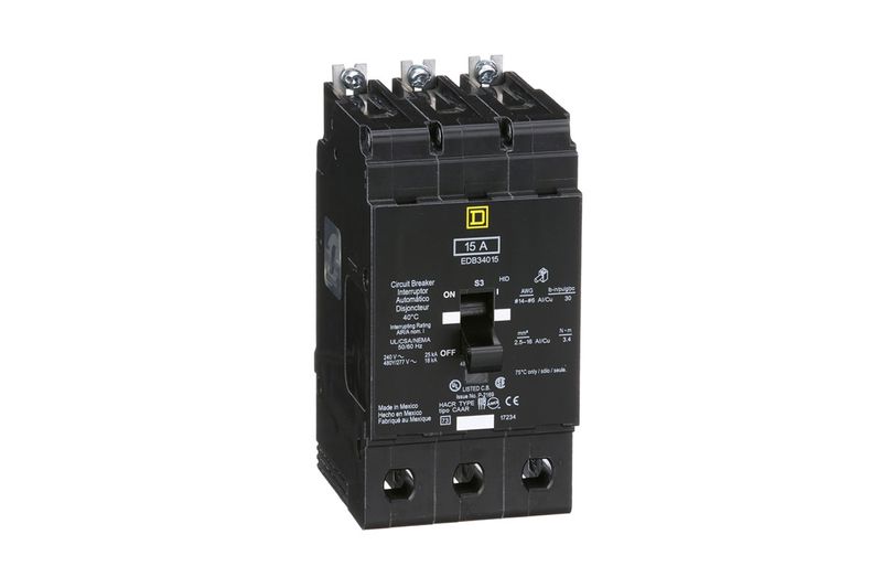 Breaker atornillable 3P 15A 480/277V 18kA SQD PYE ING Schneider Electric, vista frontal del dispositivo negro con palanca