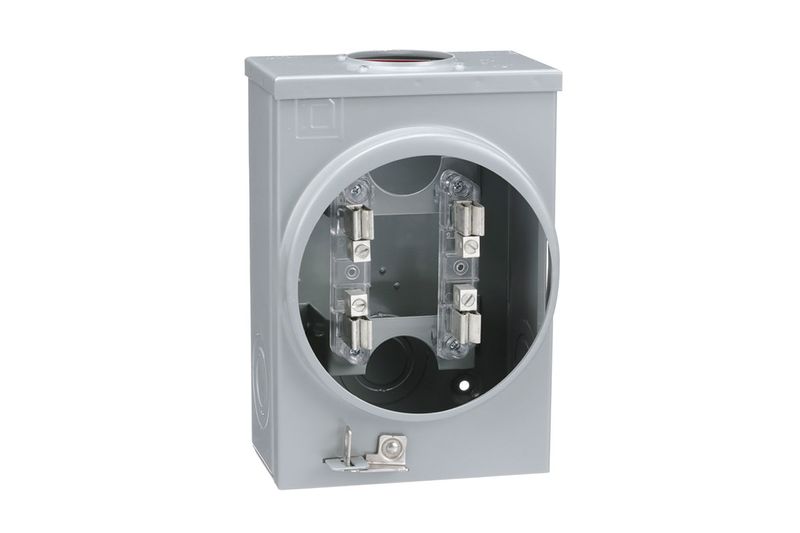 Base para medidor 1 f 100 A 127 V NEMA 3R Schneider Electric, frente del gabinete gris con el compartimento interior abierto