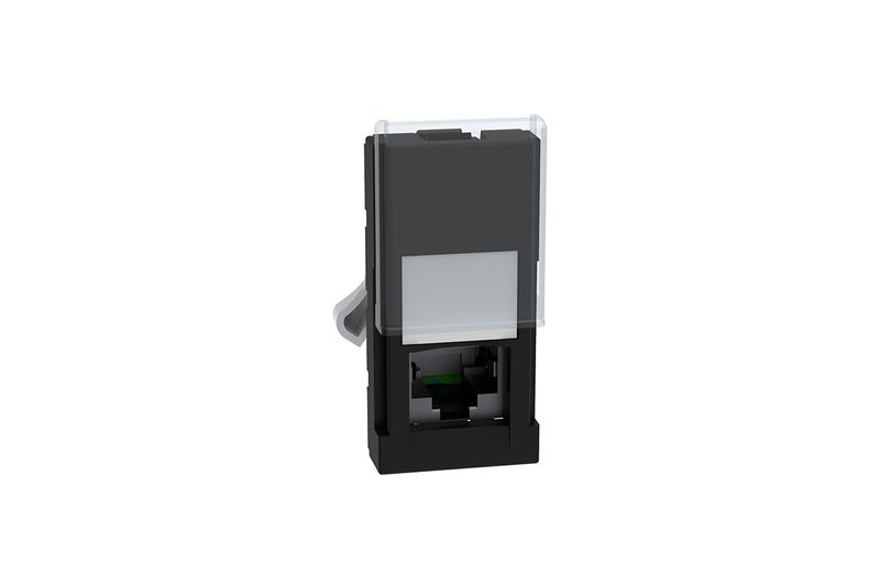 Toma tipo RJ45 1 módulo negro Matix Go Legrand, vista frontal del módulo con puerto de red y tapa protectora transparente