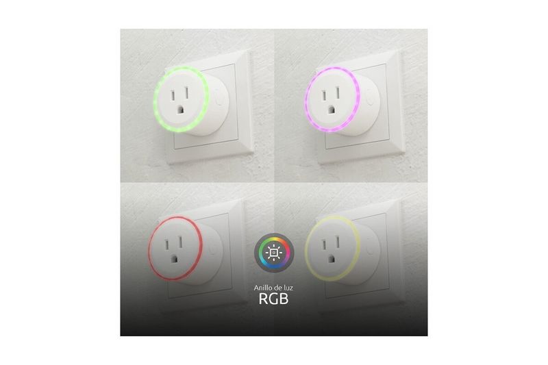 Toma hembra smart con aro de luz RGB Nexxt, collage de cuatro fotos mostrando el anillo en colores verde, rosa, rojo y