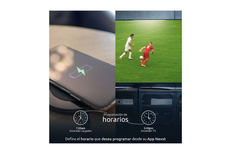 Toma hembra smart con aro de luz RGB Nexxt, gráfico informativo sobre programación de horarios mediante la aplicación móvil
