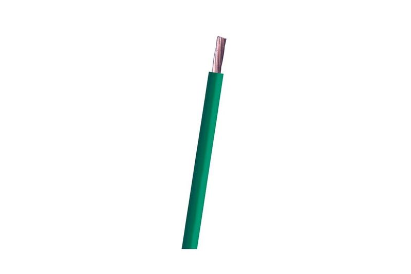 Cable THHN carrete 4 verde Pyng Viakon, segmento inclinado con aislamiento verde y núcleo de cobre expuesto