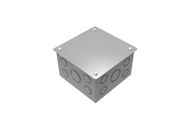 Caja de registro 12 x 12 pulgadas empotrar Sylvania, vista diagonal del cuerpo metálico con perforaciones laterales