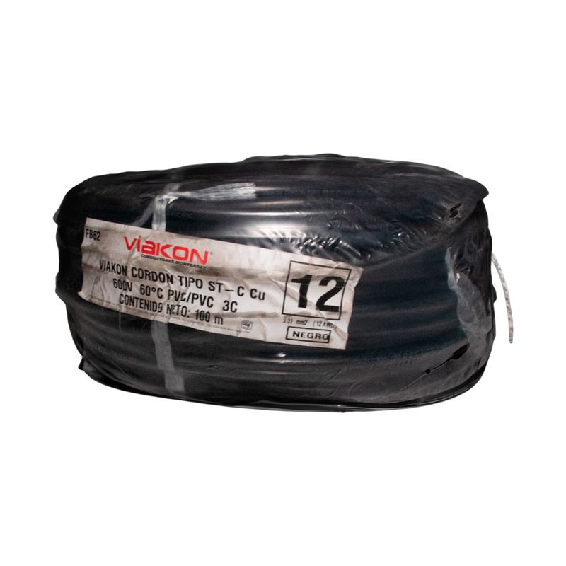 Cable protoduro TSJ rollo 100 metros 3x12 Viakon negro, envuelto en plástico transparente con etiqueta de especificaciones