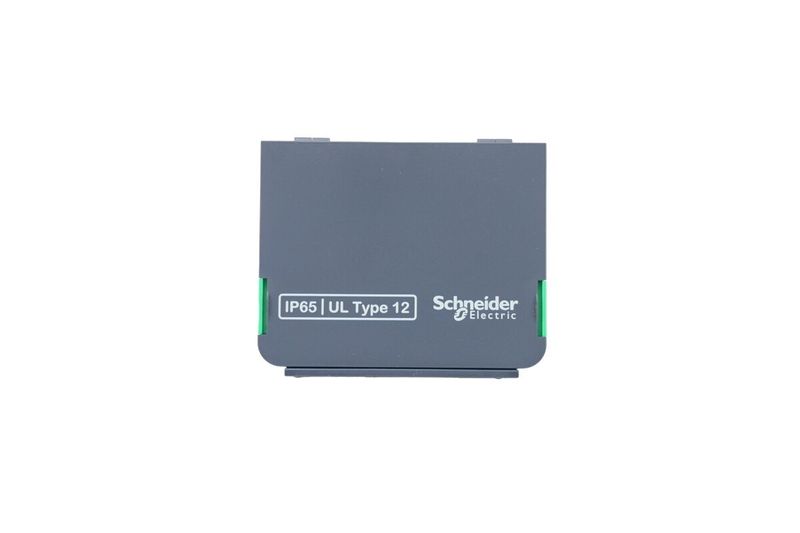 Kit para montaje de pantalla de variador en puerta de gabinete Schneider Electric, vista frontal gris con logo y sellos