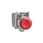 Pulsador rojo iluminado 1NA+1NC 120VAC 22mm Schneider Electric, vista lateral del botón y base de montaje gris