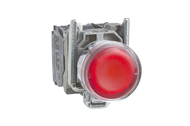 Pulsador rojo iluminado 1NA+1NC 120VAC 22mm Schneider Electric, vista lateral del botón y base de montaje gris