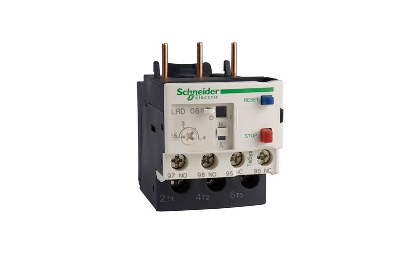 Relé de sobrecarga térmico Schneider Electric de 7-10 amp para contactor D09-D38, vista frontal del dispositivo