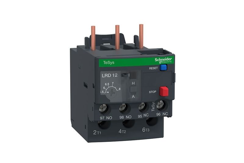 Relé de sobrecarga térmico Schneider Electric de 5.5-8 amp para contactor D09-D38, vista frontal en color gris y verde