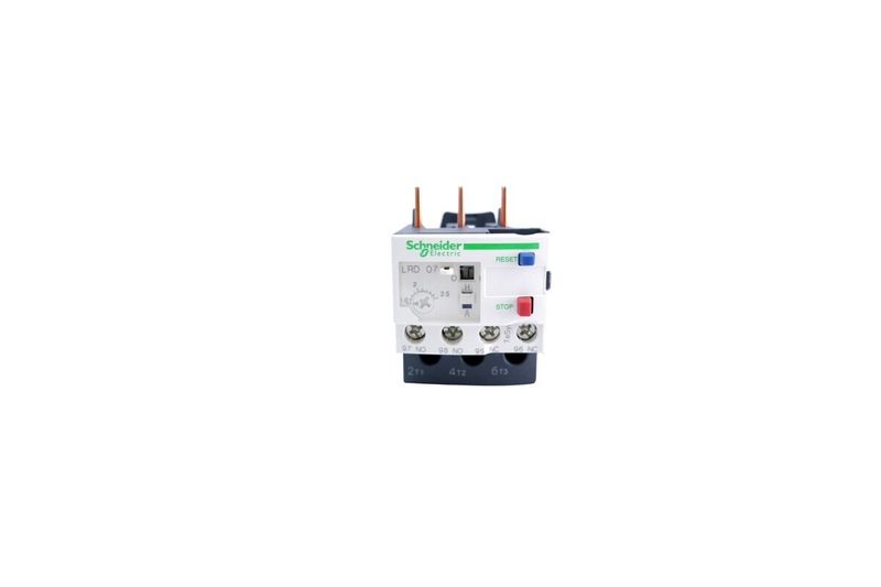 Relé de sobrecarga térmico Schneider Electric de 1.6-2.5 amp para contactor D09-D38, vista frontal del dispositivo blanco