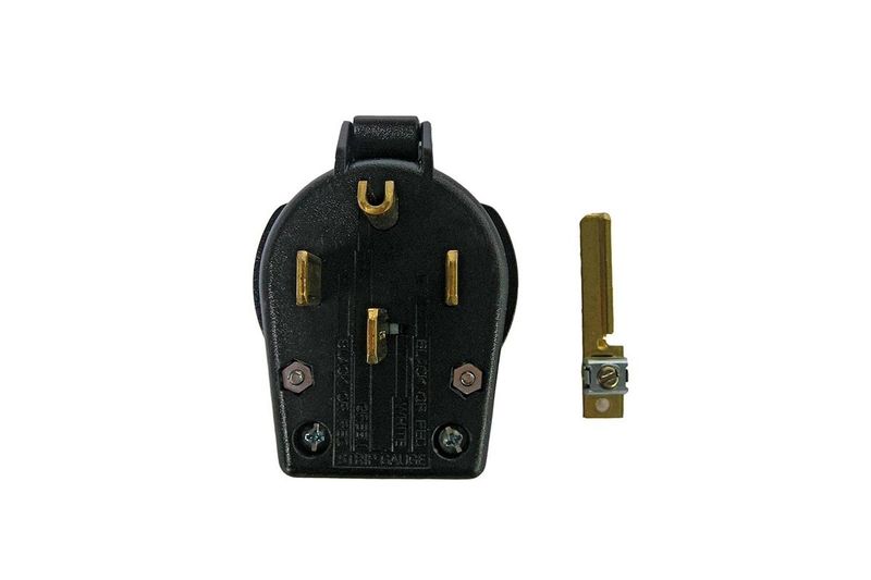 Toma macho Eagle de 50 amp, 125 v y negro, vista posterior del cuerpo y terminal metálica separada
