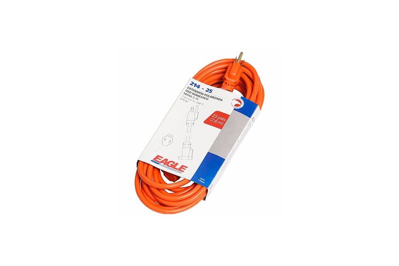Extensión eléctrica Eagle de 100 pies naranja 16/3 13 amp, enrollada en su empaque de cartón blanco y azul