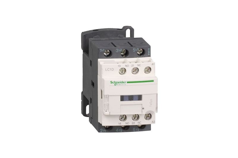 Contactor 3P 240V Schneider de 18 amp, vista frontal del dispositivo eléctrico en color blanco y gris
