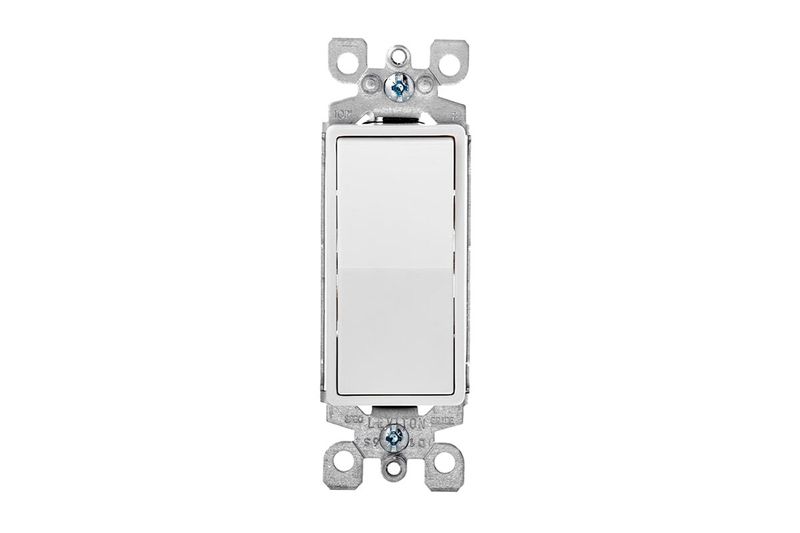 Interruptor sencillo Decora 1 polo 15A 120/277V blanco Leviton, vista frontal del mecanismo con soporte metálico