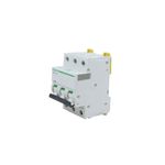 Automático 3 polos 240-480 VAC Schneider de 20 AMP, vista lateral del dispositivo blanco con palancas verdes
