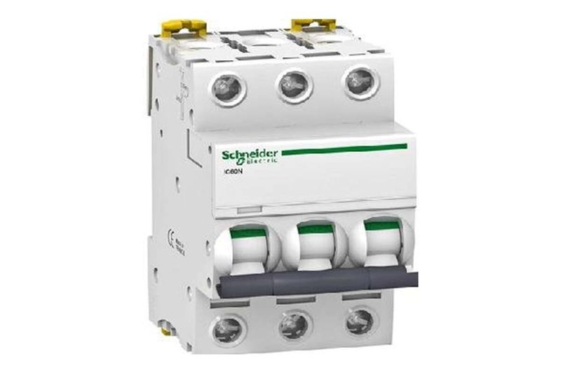 Automático 3 polos 240-480 VAC Schneider de 20 amp, vista frontal del dispositivo eléctrico blanco con palanca gris