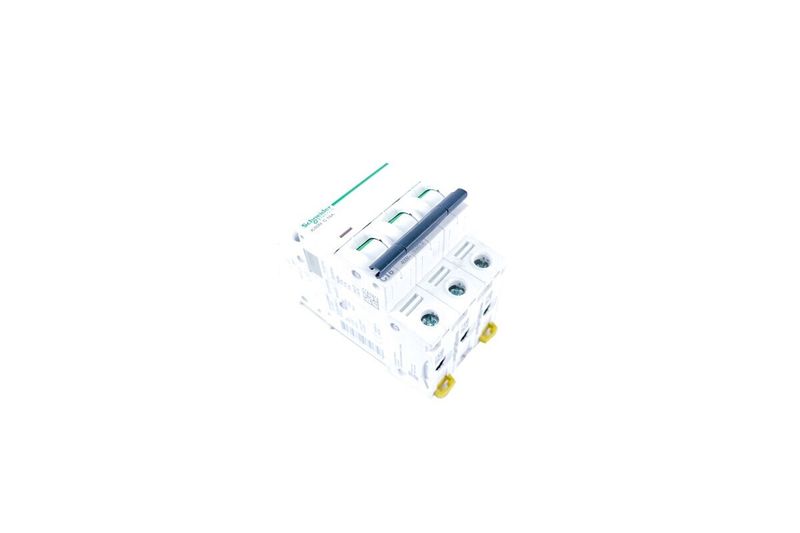 Automático 3 polos 240-480 VAC Schneider Electric de 16 AMP, vista lateral del dispositivo blanco con palanca azul