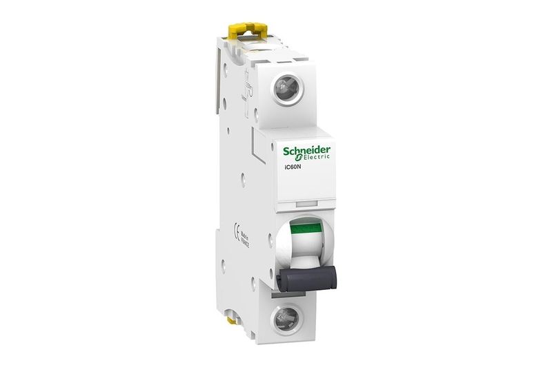 Automático 1 polo 240-480 VAC Schneider Electric de 3 amp, vista frontal del dispositivo blanco con palanca gris