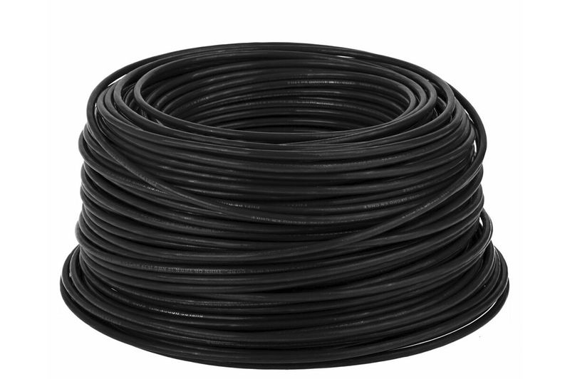 Cable THHN Phelps Dodge calibre 12 negro, rollo de cable enrollado sobre fondo blanco
